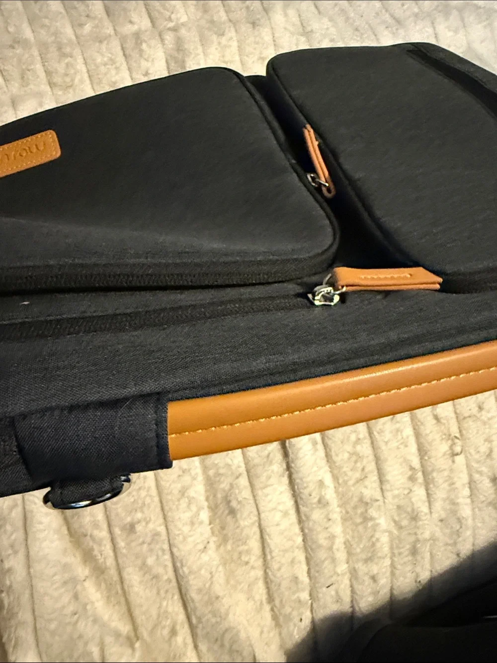 Men's Black Laptop Messenger Bag with Tan Trim